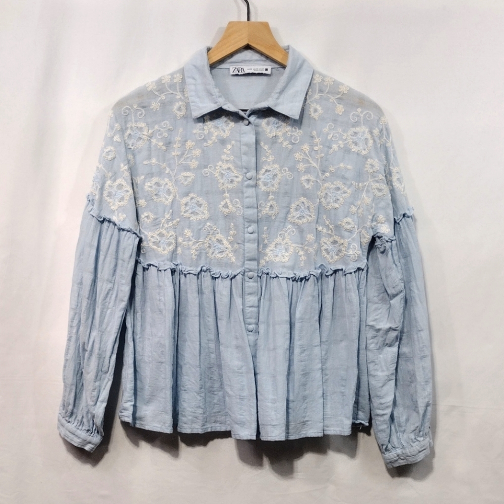 Zara Embroidered Babydoll Top Women's XS Blue Floral Boho Retro Cottagecore 90s - Picture 3 of 11
